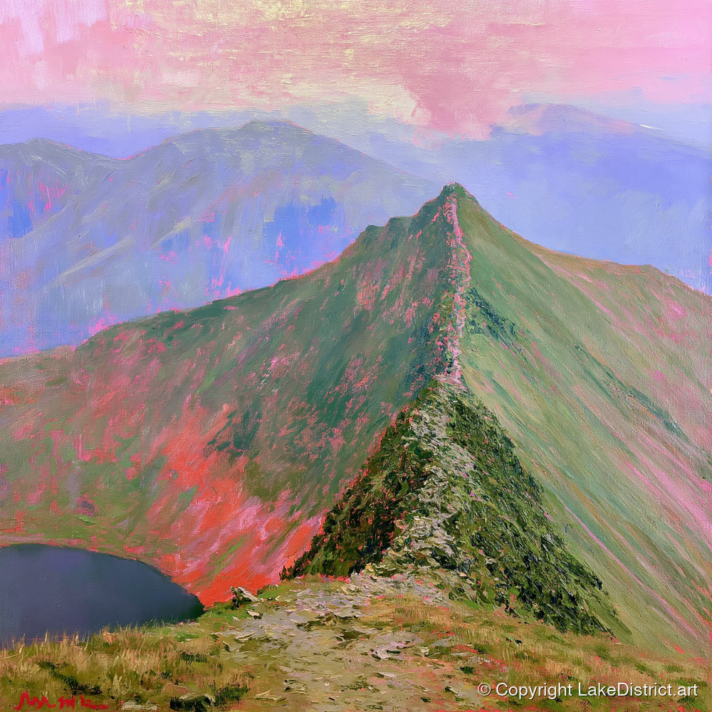 Striding Edge Beneath a Pink Sky - lake district walking art print and canvas by Clara Sterling A.I