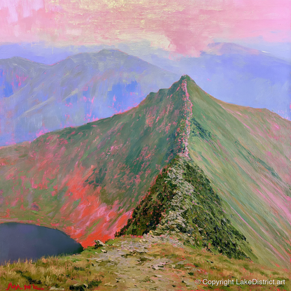 Striding Edge Beneath a Pink Sky - lake district walking art print and canvas by Clara Sterling A.I