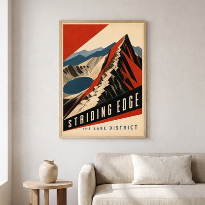 Striding Edge travel poster in a natural frame, hanging in a living