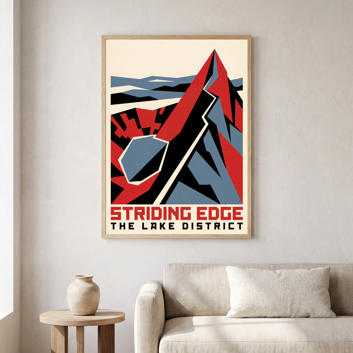 Striding Edge travel poster in a natural frame, hanging in a living