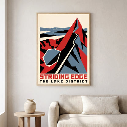 Striding Edge travel poster in a natural frame, hanging in a living