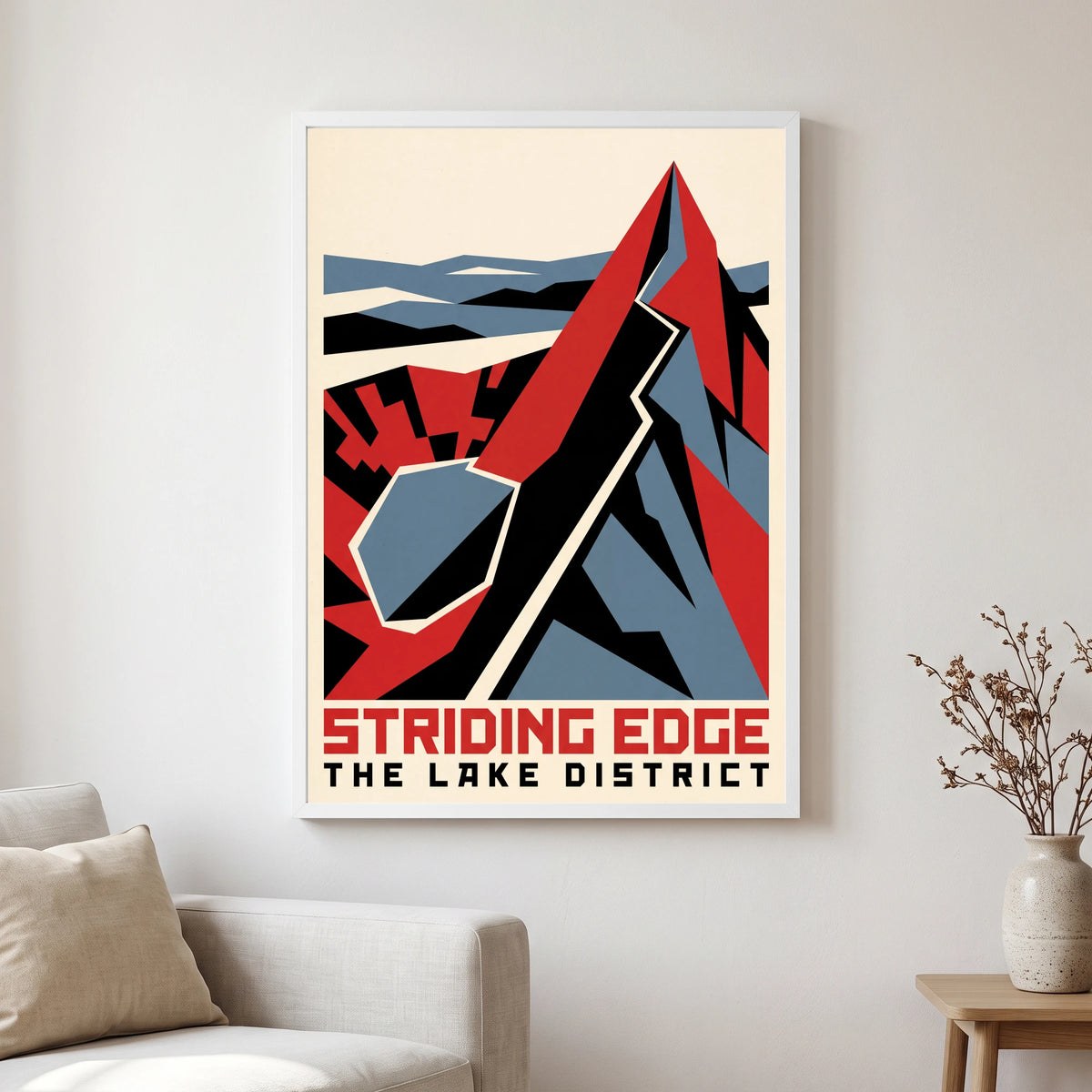 Striding Edge travel poster in a white frame, hanging in a living2