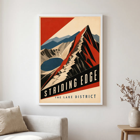 Striding Edge travel poster in a white frame, hanging in a living2