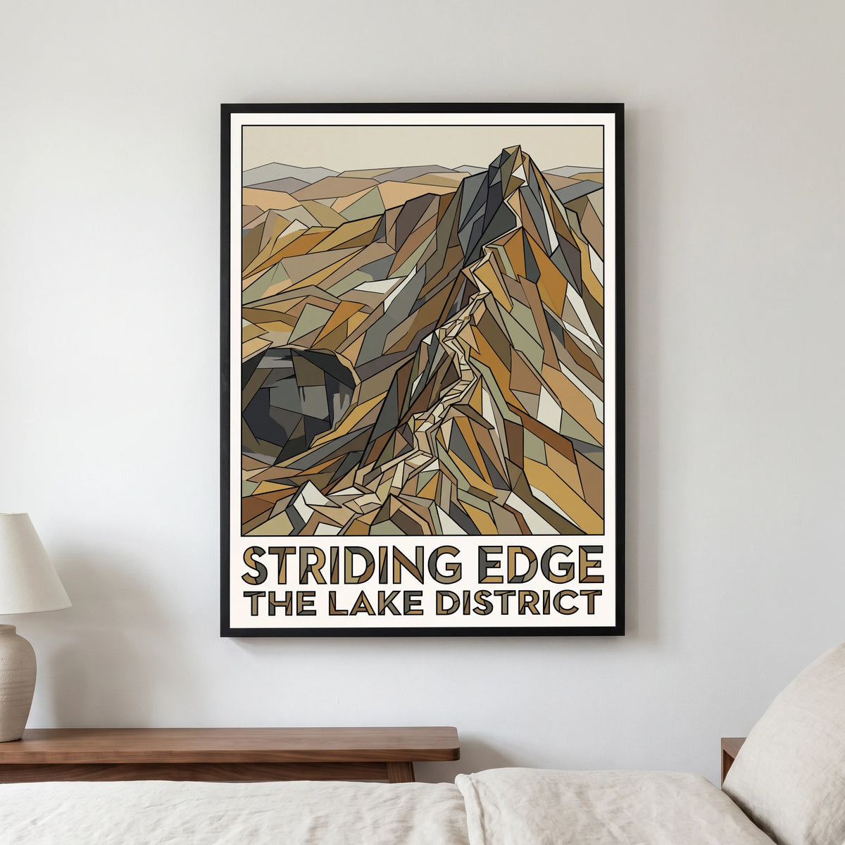 Striding Edge travel poster in a black frame, hanging in a bedroom3