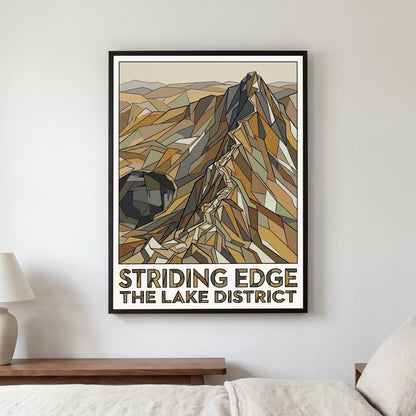 Striding Edge travel poster in a black frame, hanging in a bedroom3
