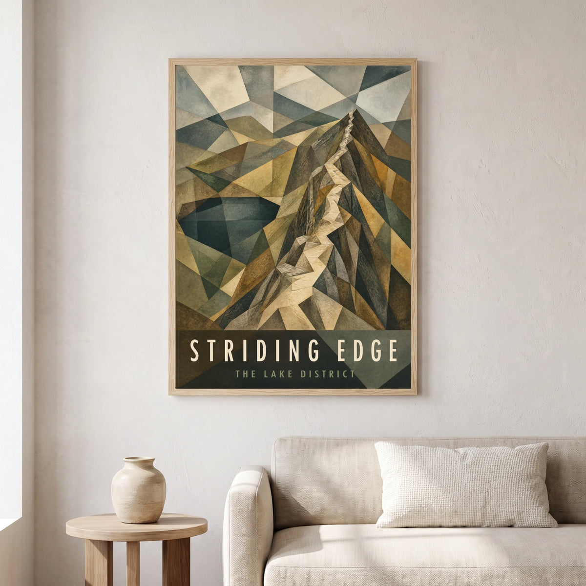 Striding Edge travel poster in a natural frame, hanging in a living