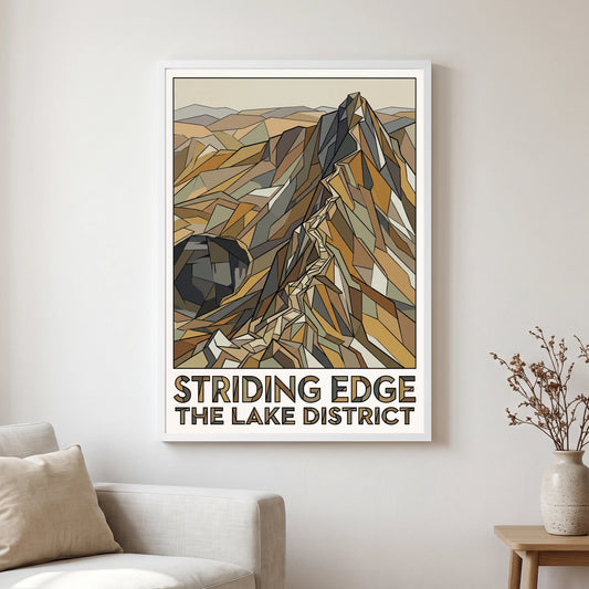 Striding Edge travel poster in a white frame, hanging in a living2