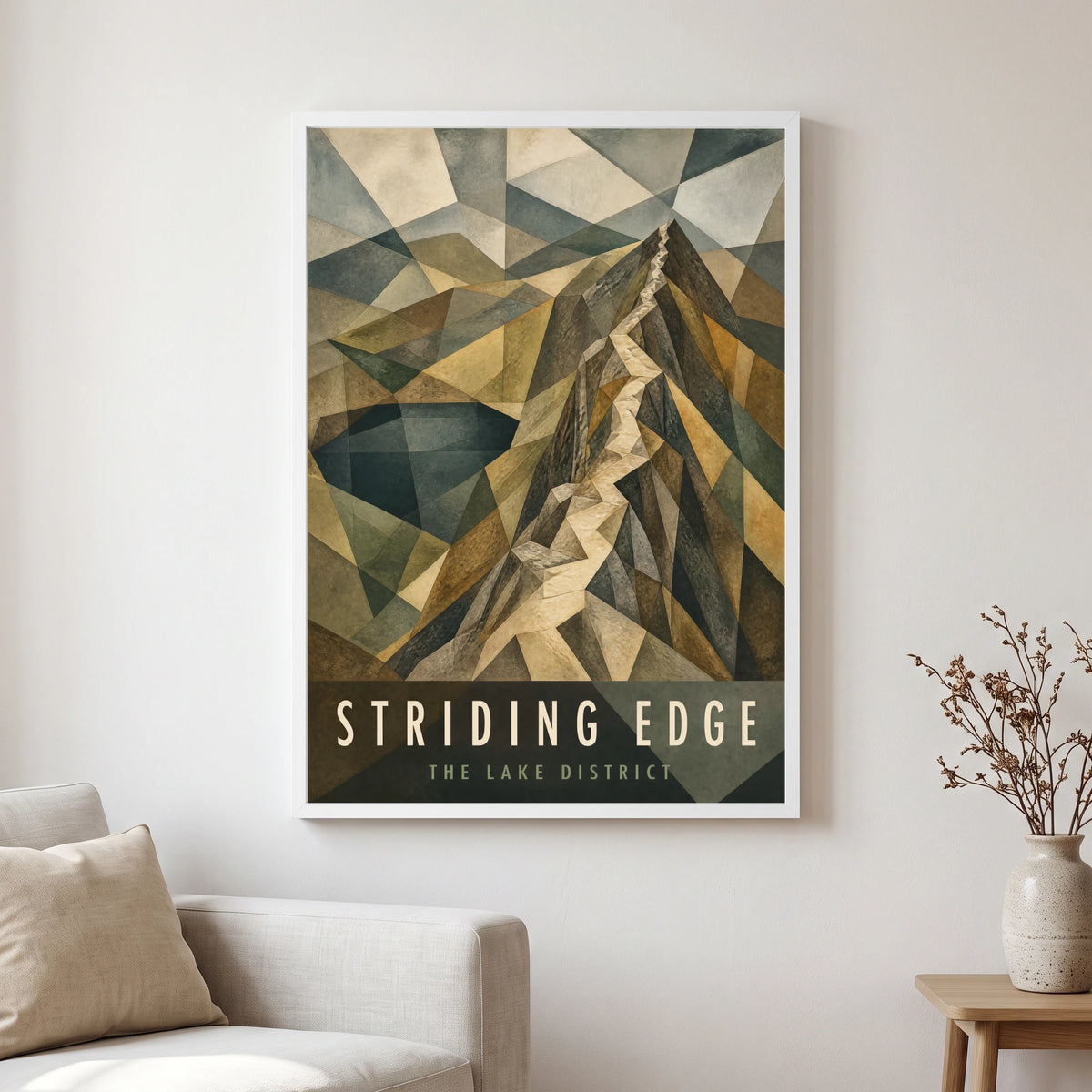 Striding Edge travel poster in a white frame, hanging in a living2