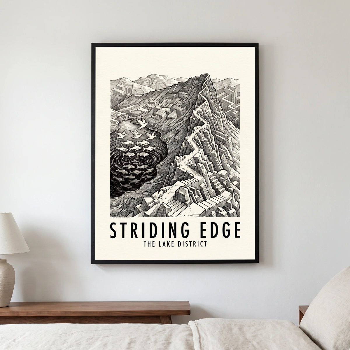 Striding Edge travel poster in a black frame, hanging in a bedroom3