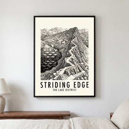 Striding Edge travel poster in a black frame, hanging in a bedroom3
