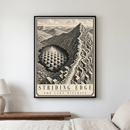 Striding Edge travel poster in a black frame, hanging in a bedroom3
