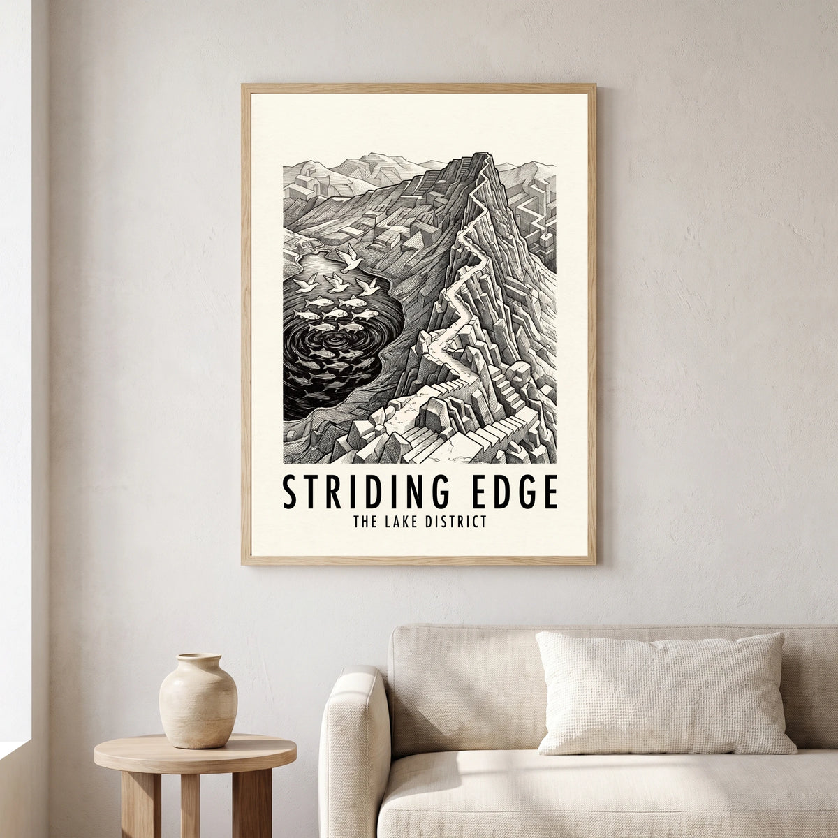 Striding Edge travel poster in a natural frame, hanging in a living