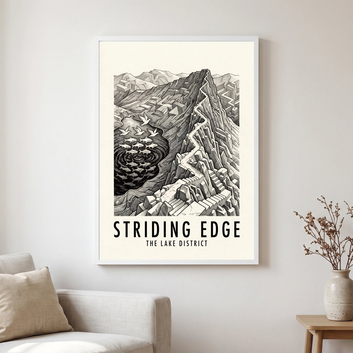 Striding Edge travel poster in a white frame, hanging in a living2