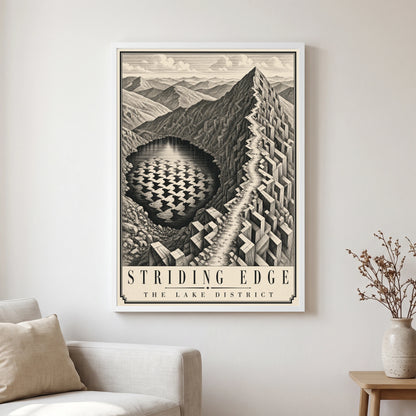 Striding Edge travel poster in a white frame, hanging in a living2