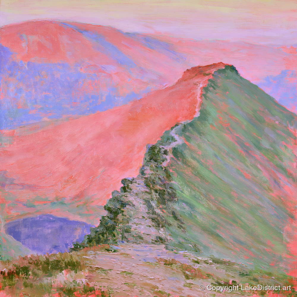 Striding Edge in Sunset Pink - lake district walking art print and canvas by Clara Sterling A.I