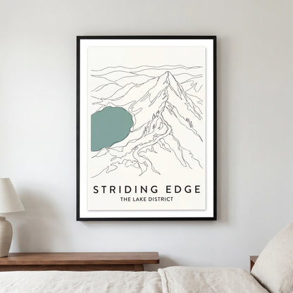 Striding Edge travel poster in a black frame, hanging in a bedroom3