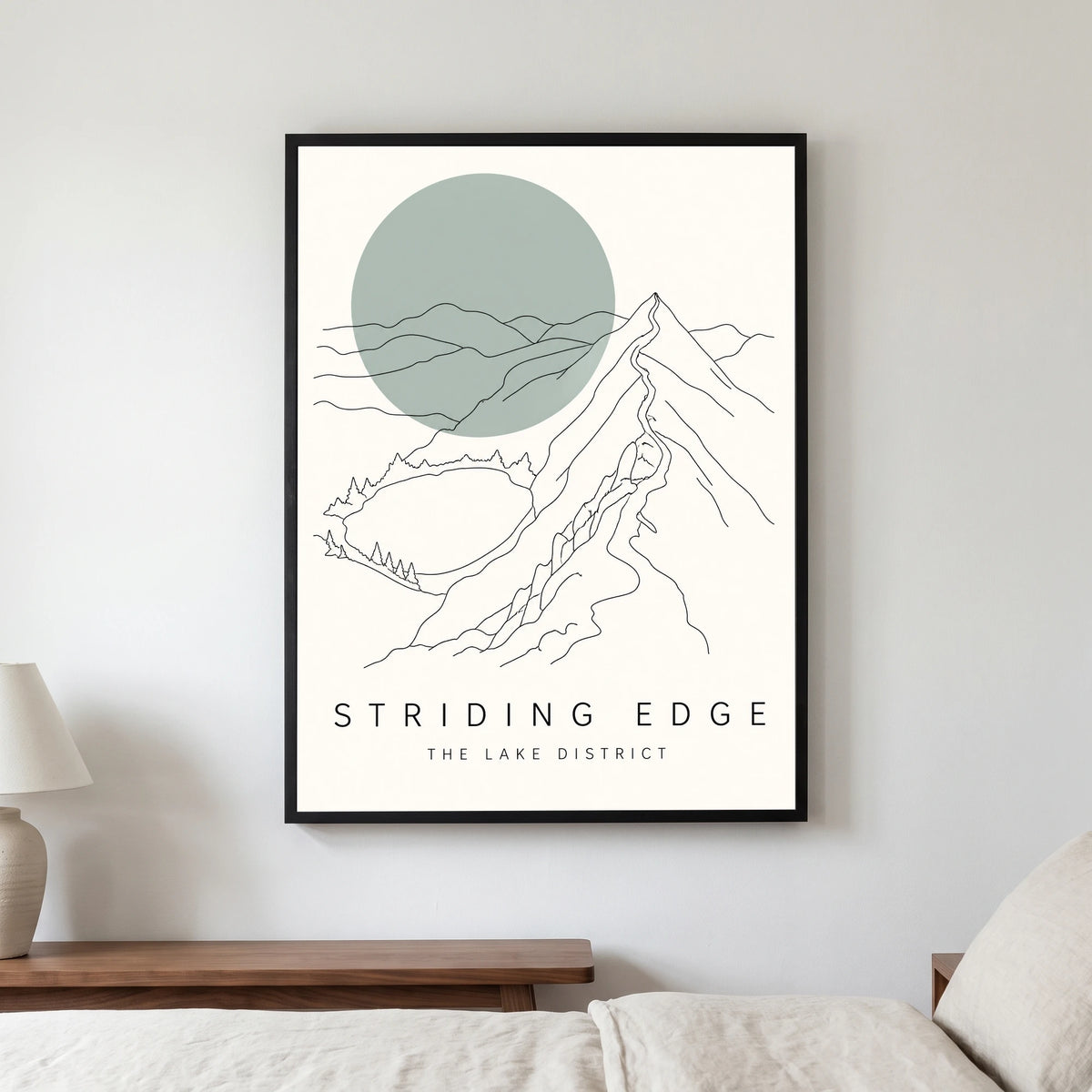 Striding Edge travel poster in a black frame, hanging in a bedroom3