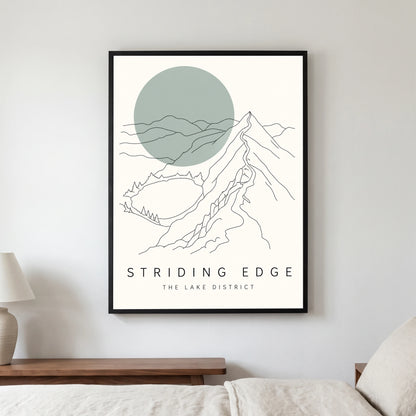 Striding Edge travel poster in a black frame, hanging in a bedroom3