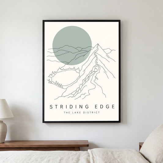 Striding Edge travel poster in a black frame, hanging in a bedroom3