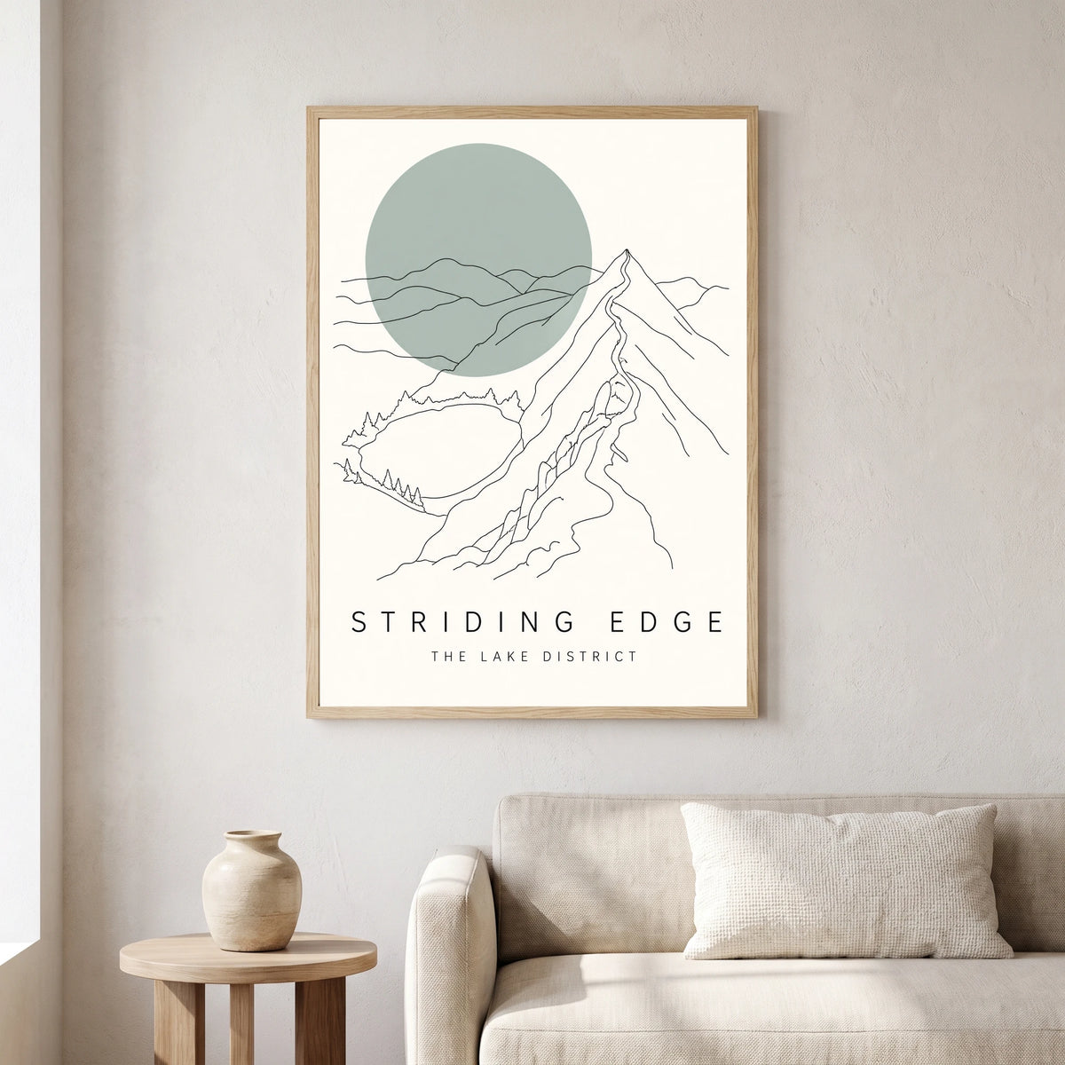 Striding Edge travel poster in a natural frame, hanging in a living