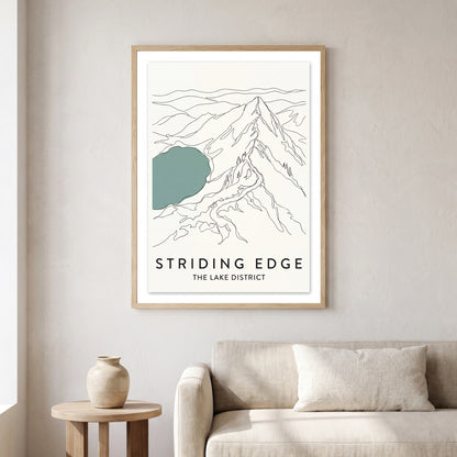 Striding Edge travel poster in a natural frame, hanging in a living