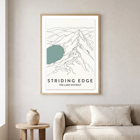 Striding Edge travel poster in a natural frame, hanging in a living