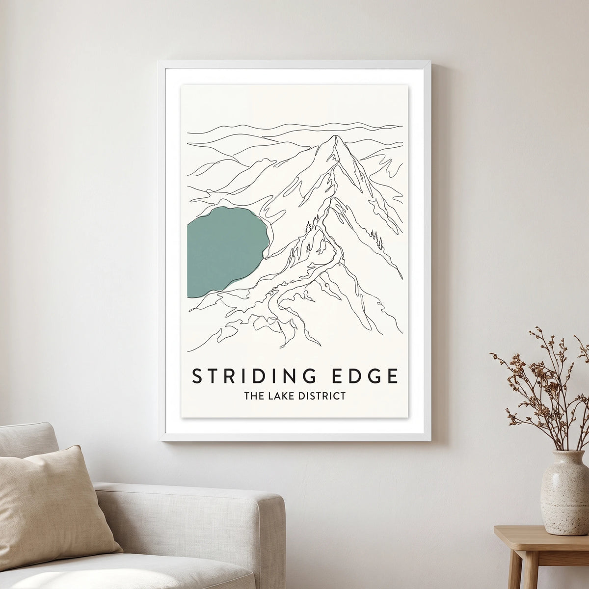 Striding Edge travel poster in a white frame, hanging in a living2
