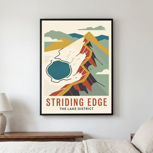 Striding Edge travel poster in a black frame, hanging in a bedroom3