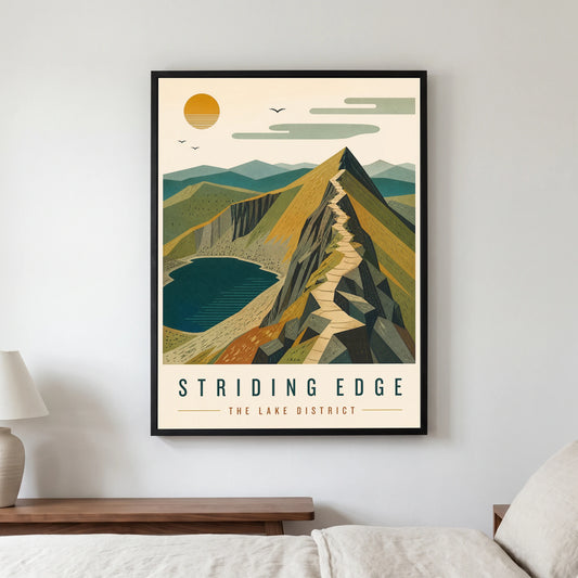 Striding Edge travel poster in a black frame, hanging in a bedroom3