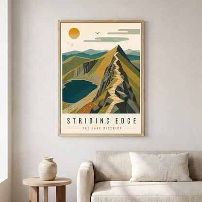 Striding Edge travel poster in a natural frame, hanging in a living