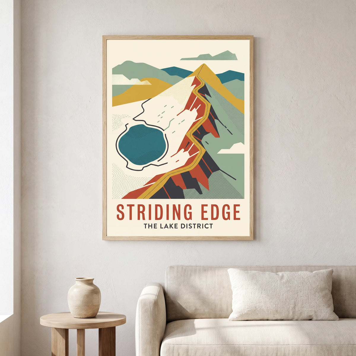Striding Edge travel poster in a natural frame, hanging in a living