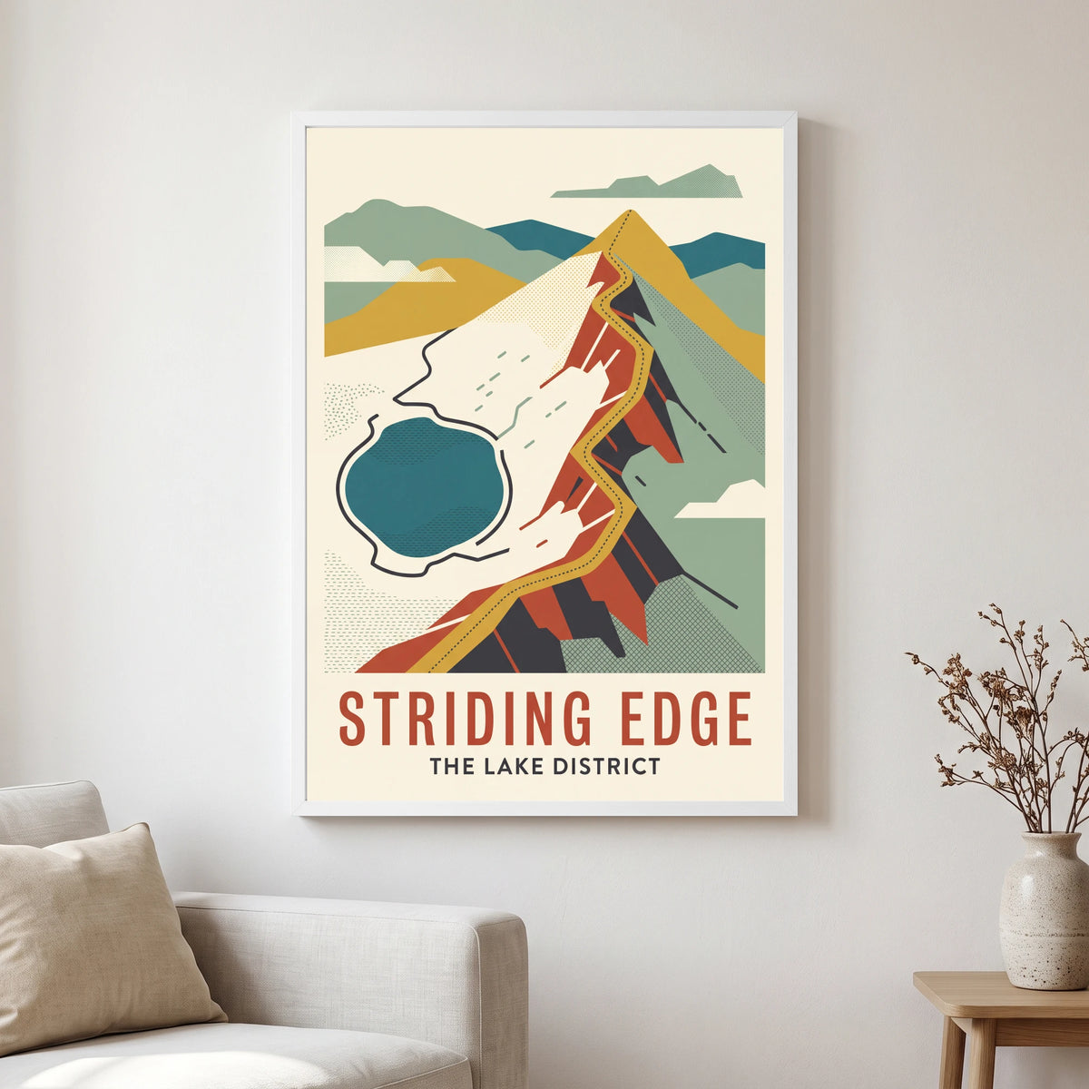Striding Edge travel poster in a white frame, hanging in a living2