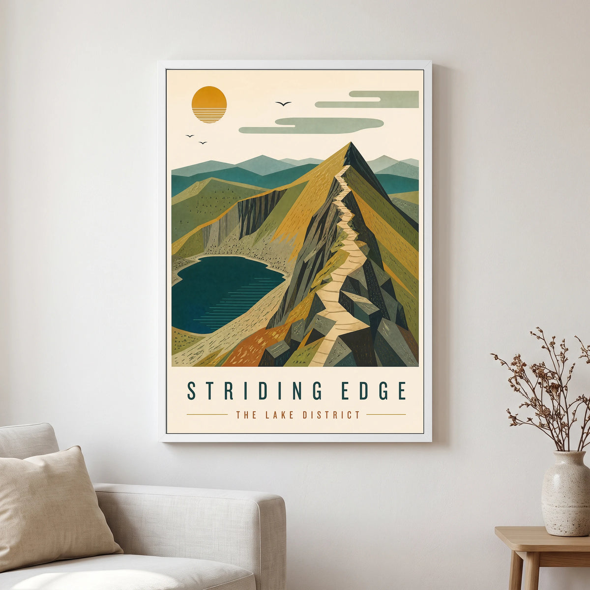 Striding Edge travel poster in a white frame, hanging in a living2