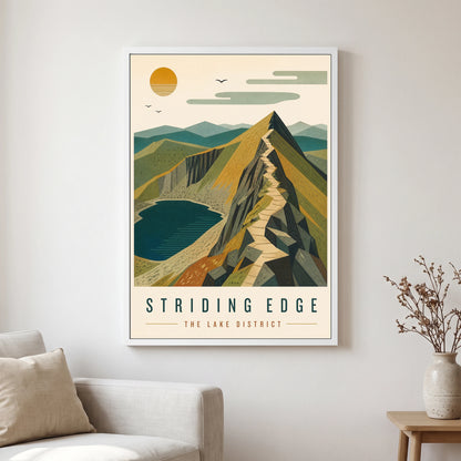 Striding Edge travel poster in a white frame, hanging in a living2
