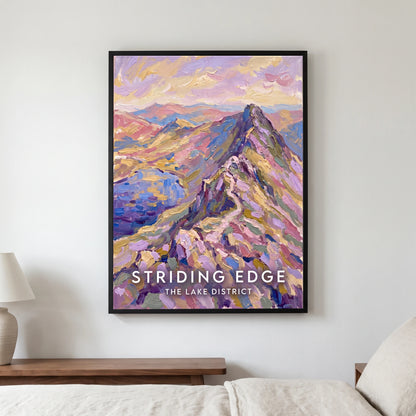 Striding Edge travel poster in a black frame, hanging in a bedroom3