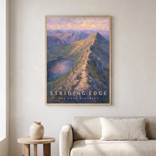 Striding Edge travel poster in a natural frame, hanging in a living
