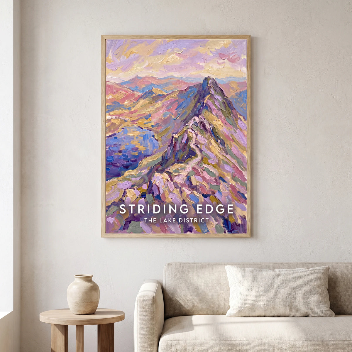 Striding Edge travel poster in a natural frame, hanging in a living