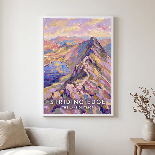 Striding Edge travel poster in a white frame, hanging in a living2