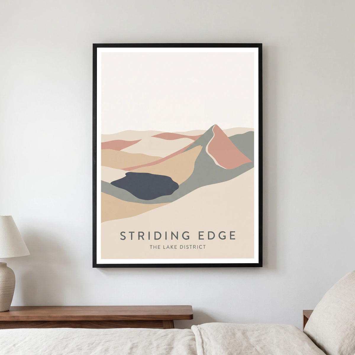 Striding Edge travel poster in a black frame, hanging in a bedroom3