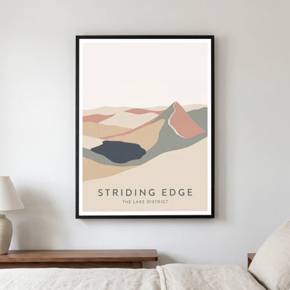 Striding Edge travel poster in a black frame, hanging in a bedroom3