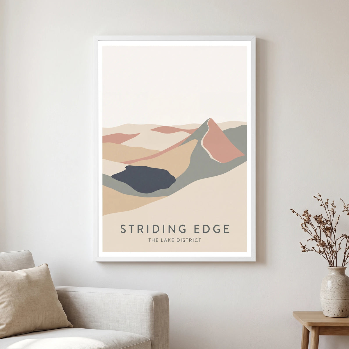 Striding Edge travel poster in a white frame, hanging in a living2