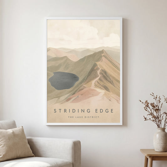 Striding Edge travel poster in a white frame, hanging in a living2