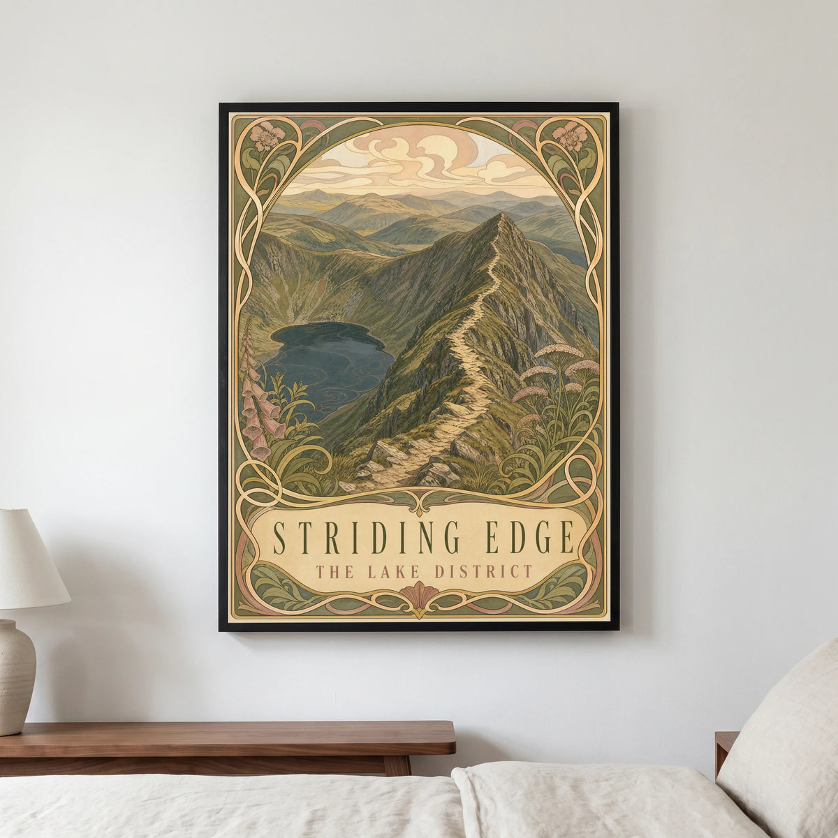 Striding Edge travel poster in a black frame, hanging in a bedroom3