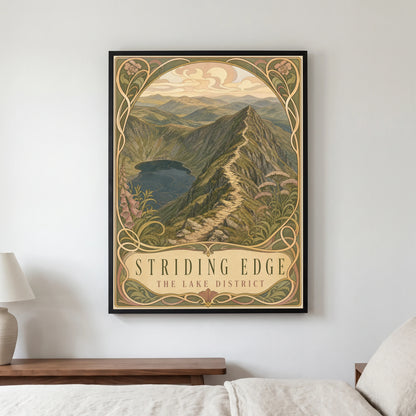 Striding Edge travel poster in a black frame, hanging in a bedroom3