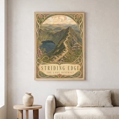 Striding Edge travel poster in a natural frame, hanging in a living