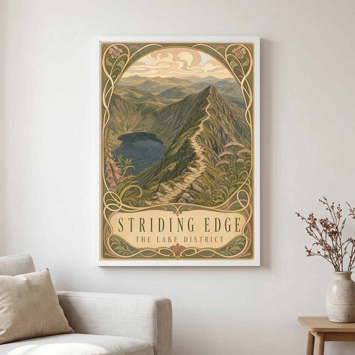 Striding Edge travel poster in a white frame, hanging in a living2