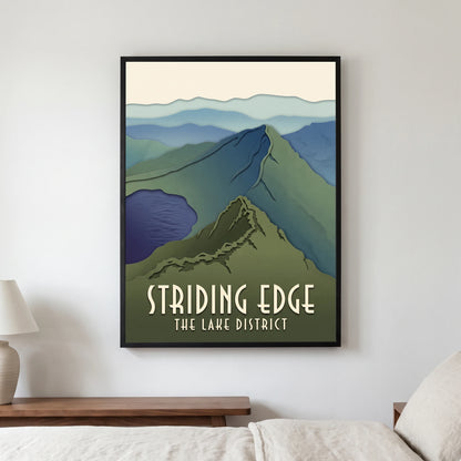 Striding Edge travel poster in a black frame, hanging in a bedroom3