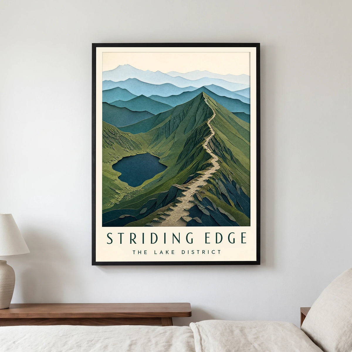 Striding Edge travel poster in a black frame, hanging in a bedroom3