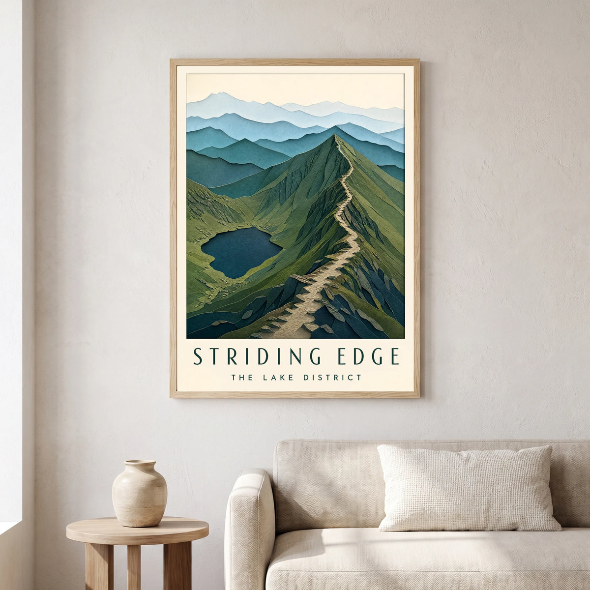 Striding Edge travel poster in a natural frame, hanging in a living