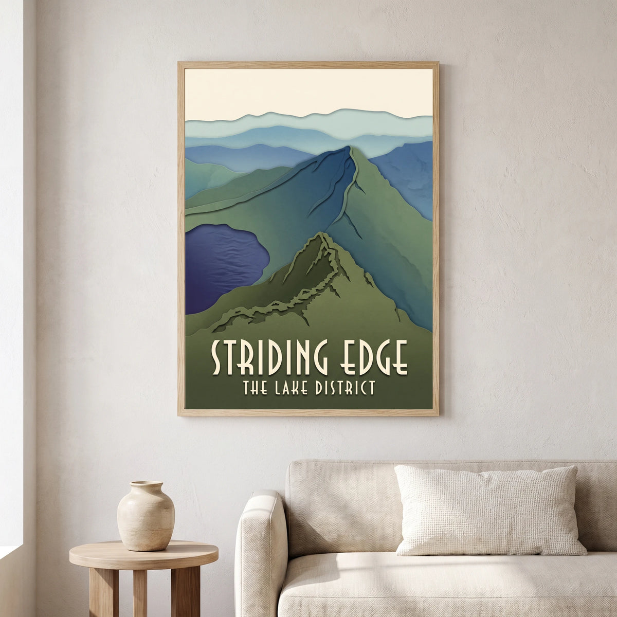 Striding Edge travel poster in a natural frame, hanging in a living